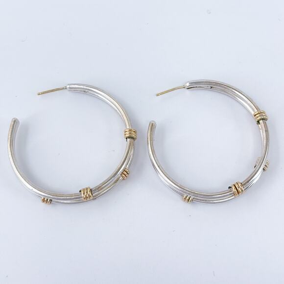 Vintage Sterling Silver 925 Double Shank Gold-Tone Wire Wrapped Hoop Earrings - Picture 3 of 9